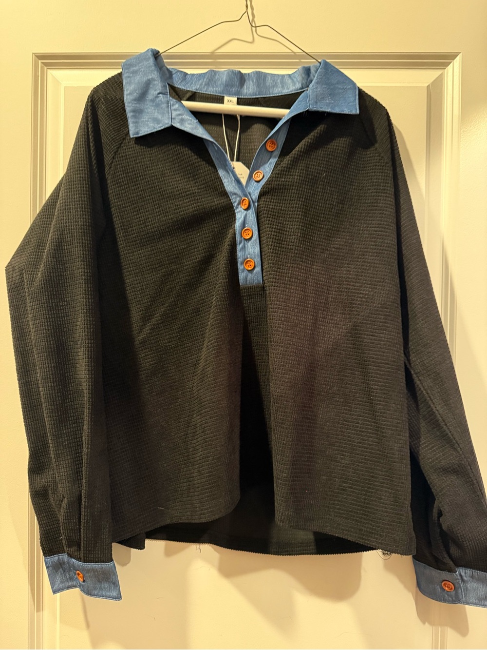 Waffle Knit Button Polo with Chambray Trim - Black & Light Blue